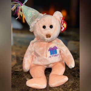 🎉 TY Birthday Beanie Baby October Bear Pink Sparkle Party Hat Plush